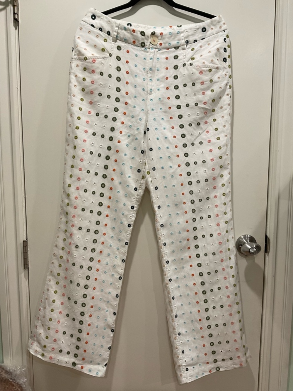 White Eyelet Cotton Pants with Multicolor Dots